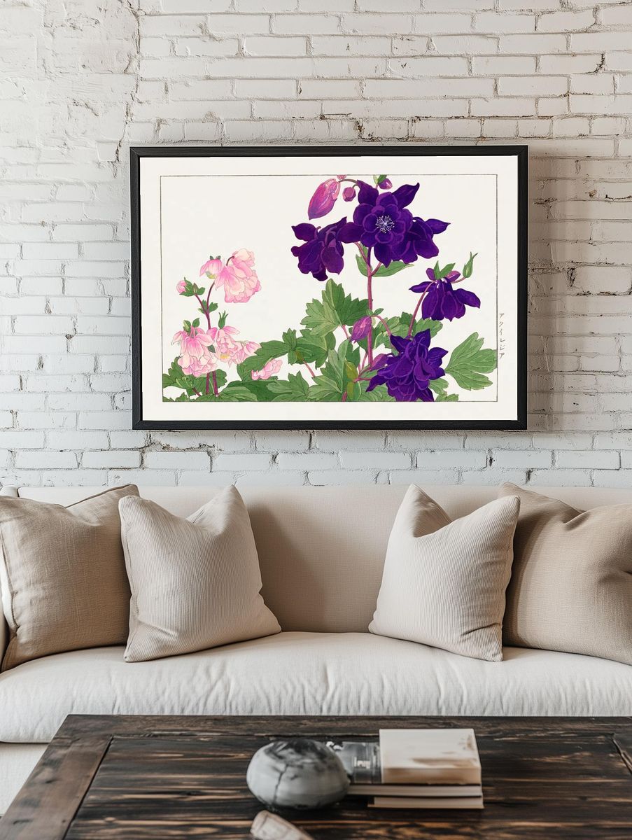 Aquilegia flower woodblock painting. Digitally. room preview