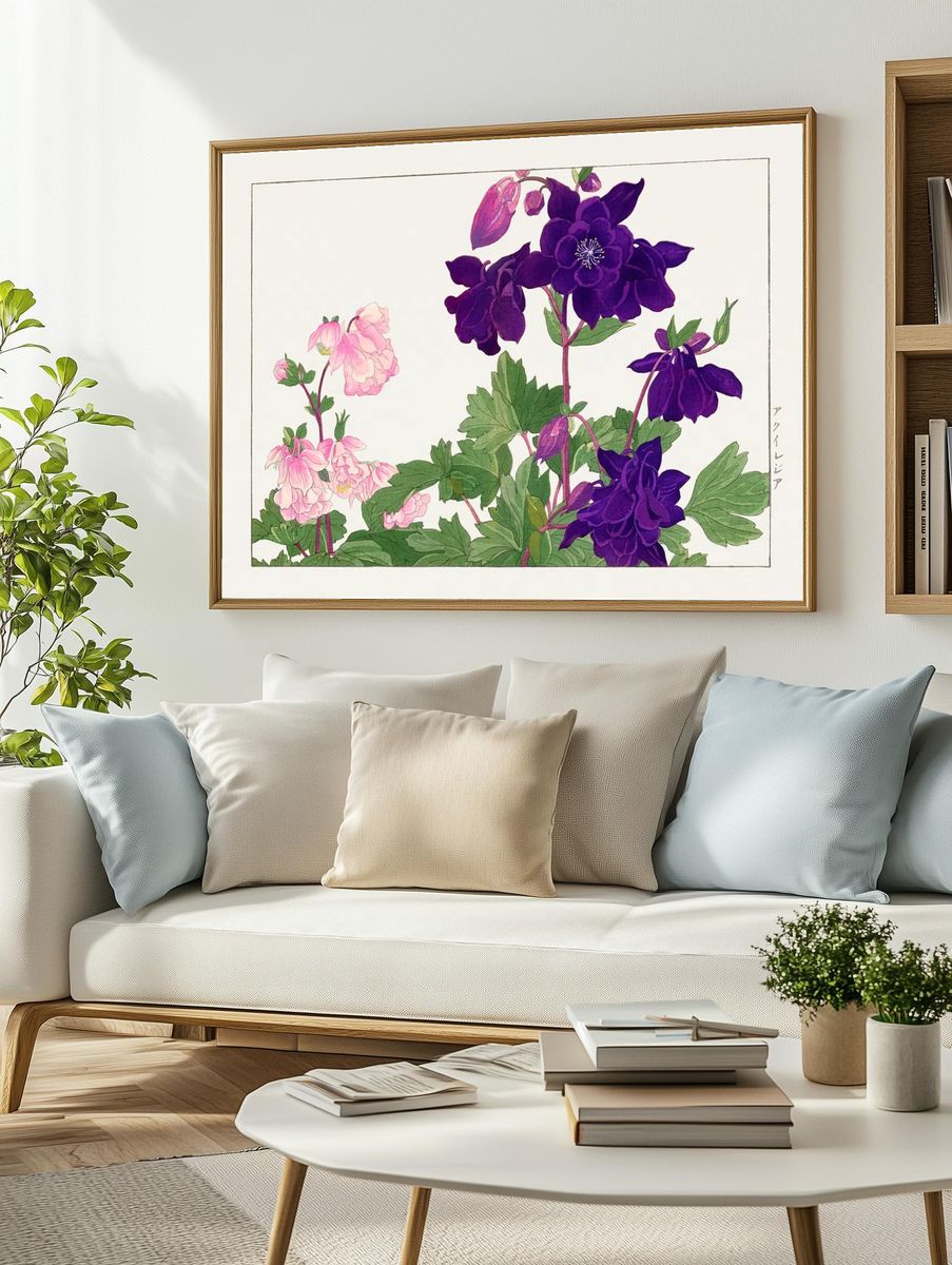Aquilegia flower woodblock painting. Digitally. — room view 2