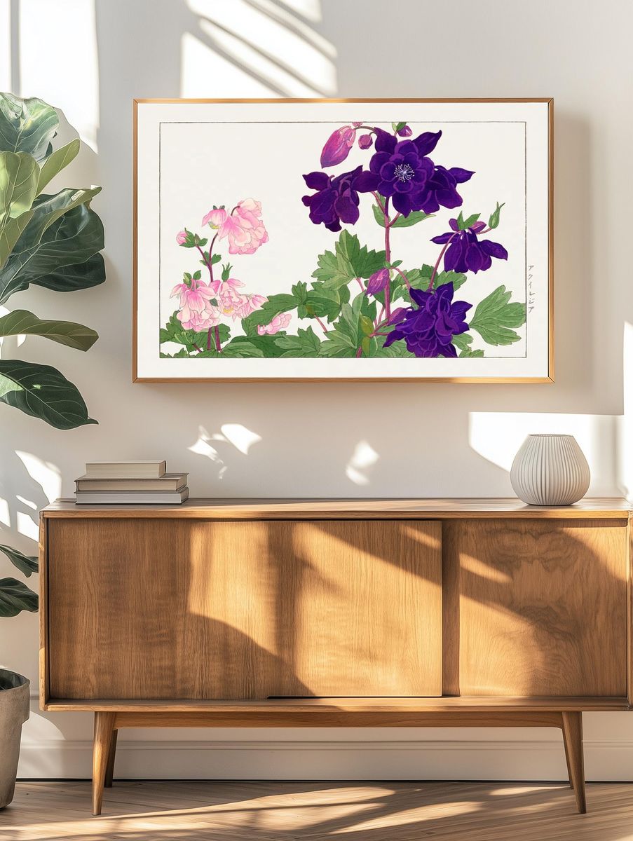 Aquilegia flower woodblock painting. Digitally. — room view 3