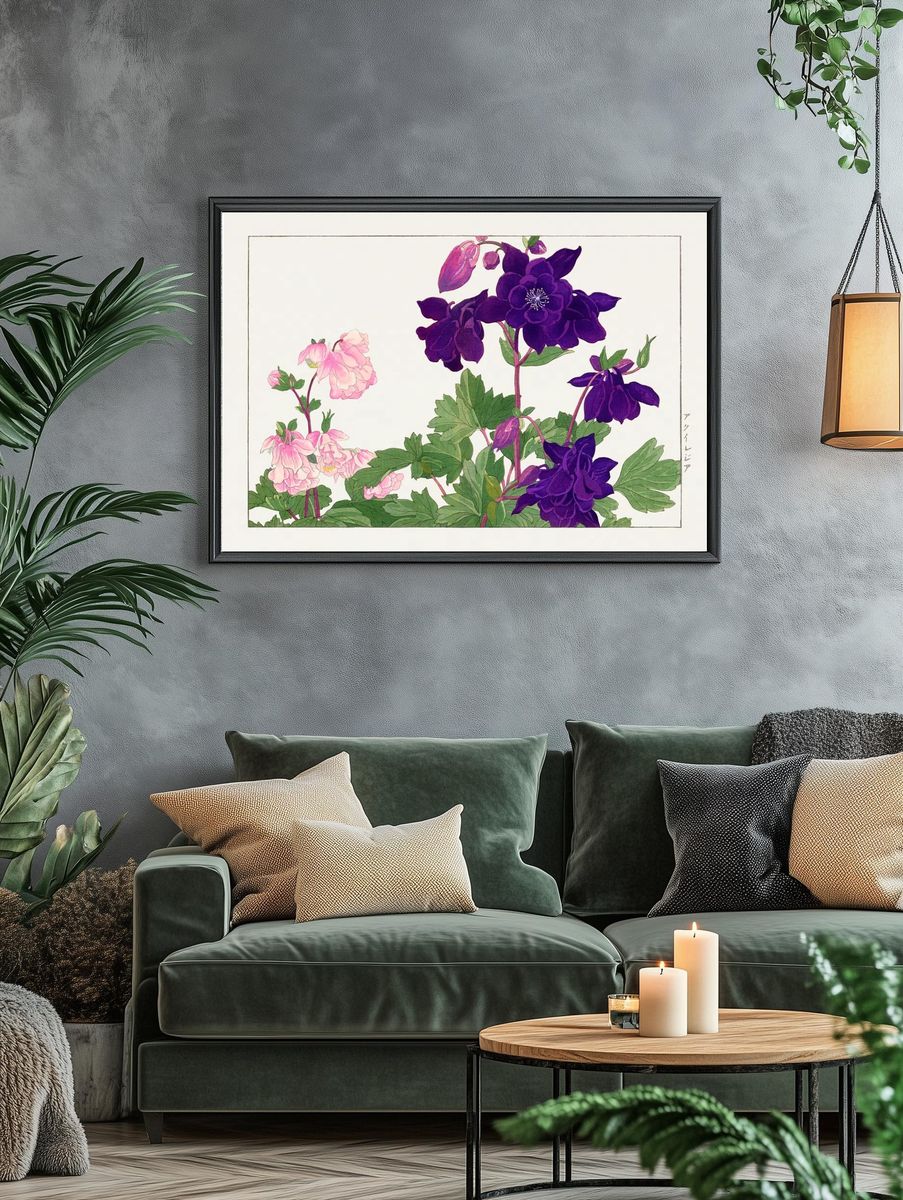 Aquilegia flower woodblock painting. Digitally. — room view 4