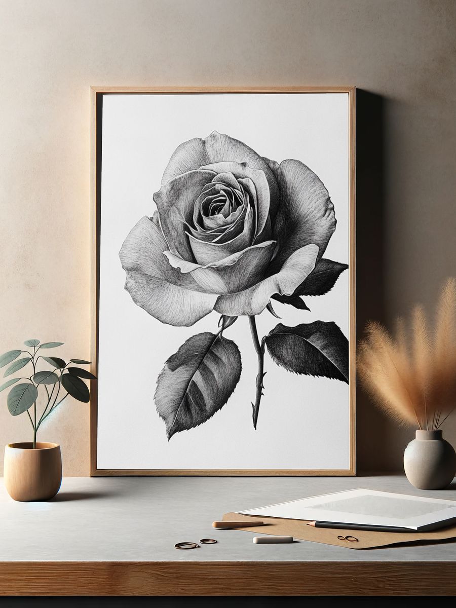 Black and White Rose Botanical Print. — room view 2