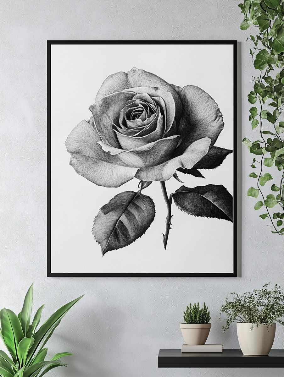 Black and White Rose Botanical Print. — room view 4