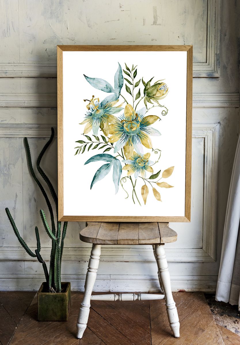 Blue Passionflower Botanical Poster. room preview