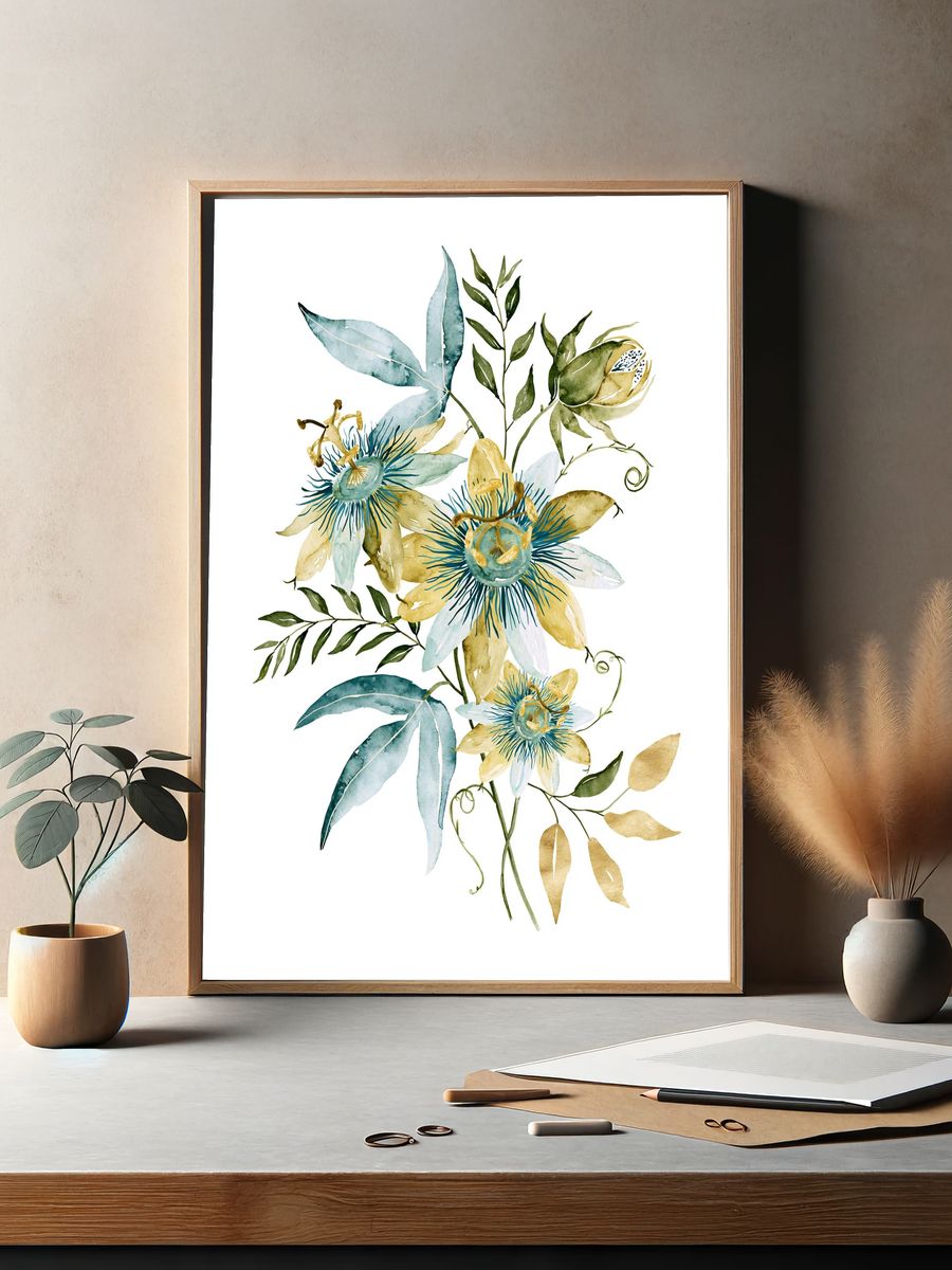 Blue Passionflower Botanical Poster. — room view 2