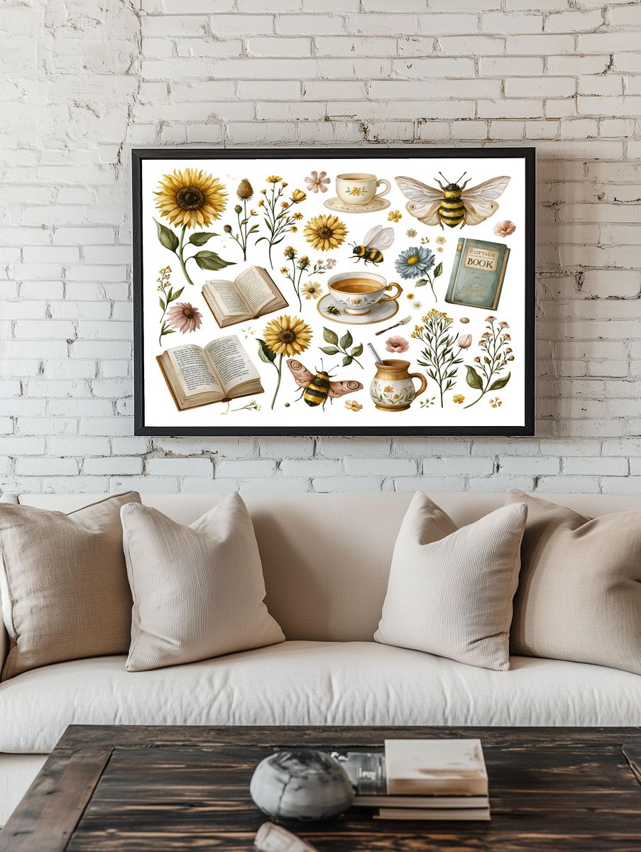 Cottagecore Botanicals and Bees Poster. room preview
