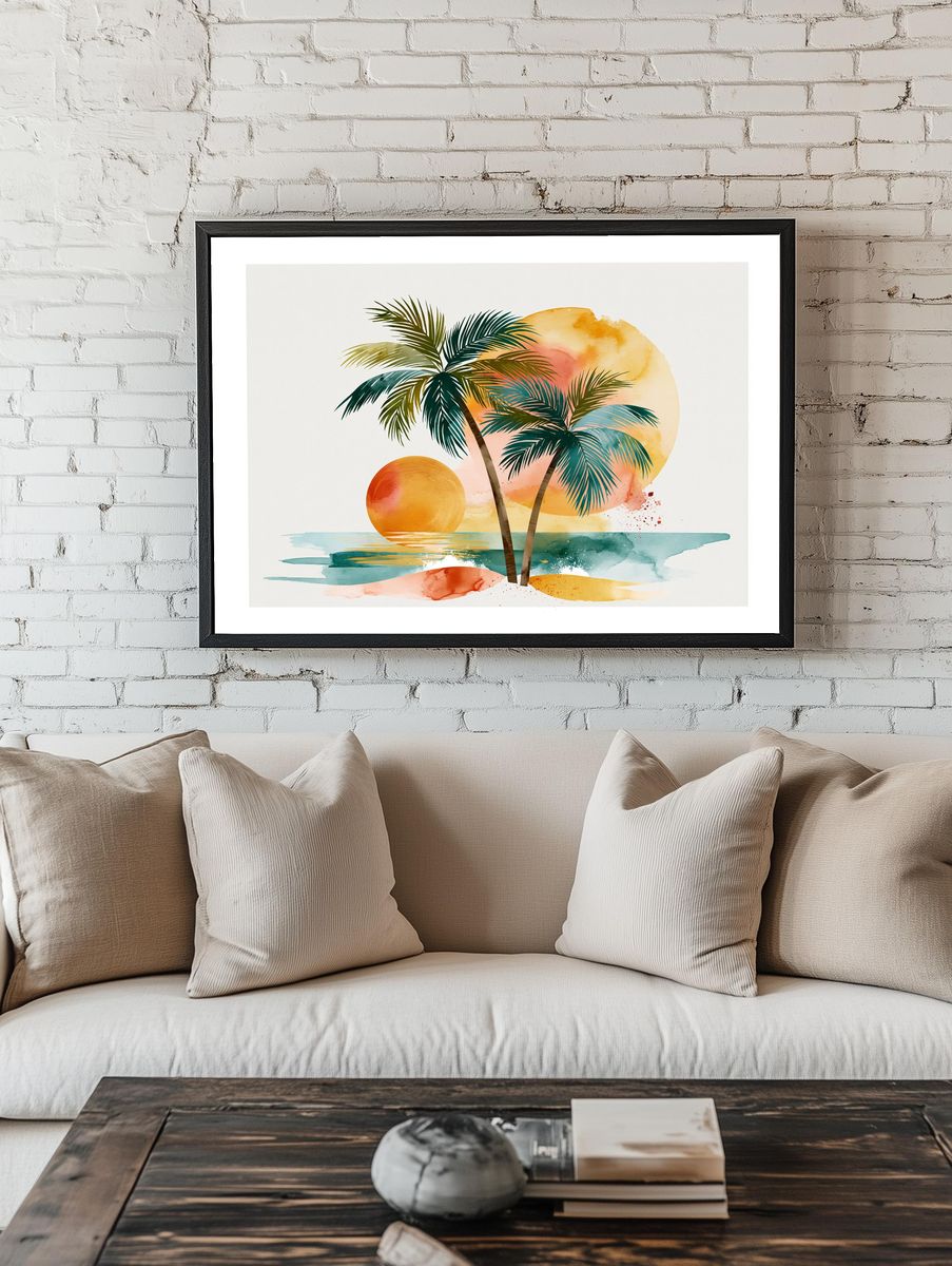 Tropical Sunset Palm Trees Print. room preview