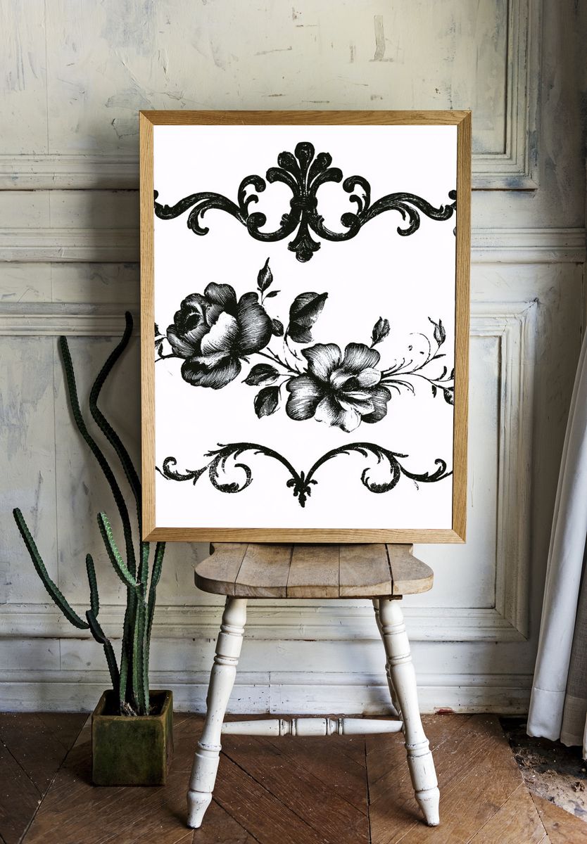 Floral Ornamental Black-White Print. room preview