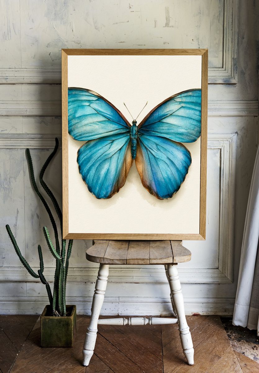 Blue Butterfly Watercolor Print. room preview