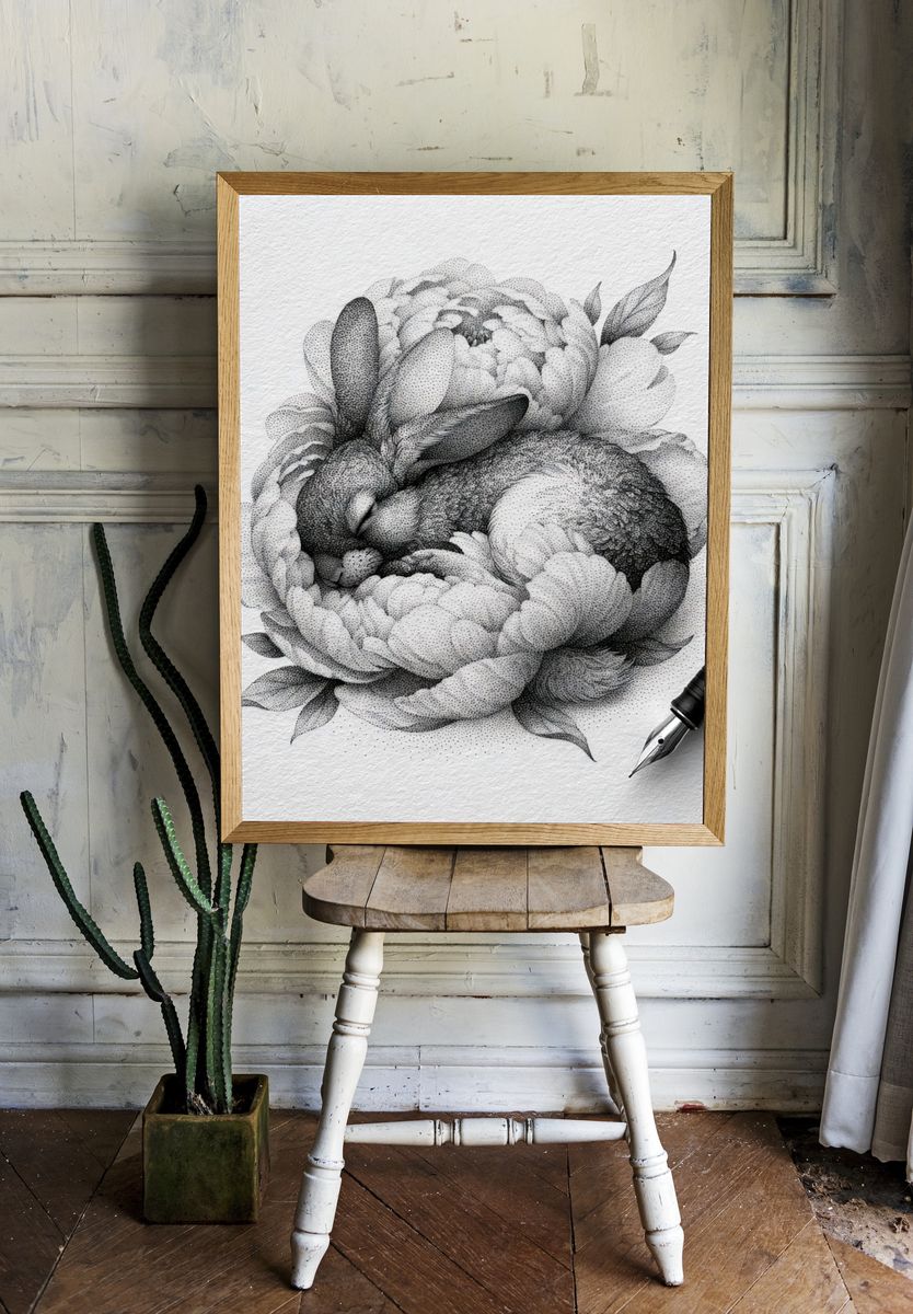 Peony Ink Drawing Poster. — room view 1
