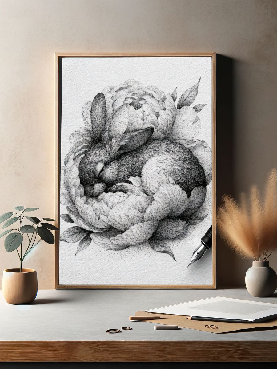 Peony Ink Drawing Poster. — room view 2