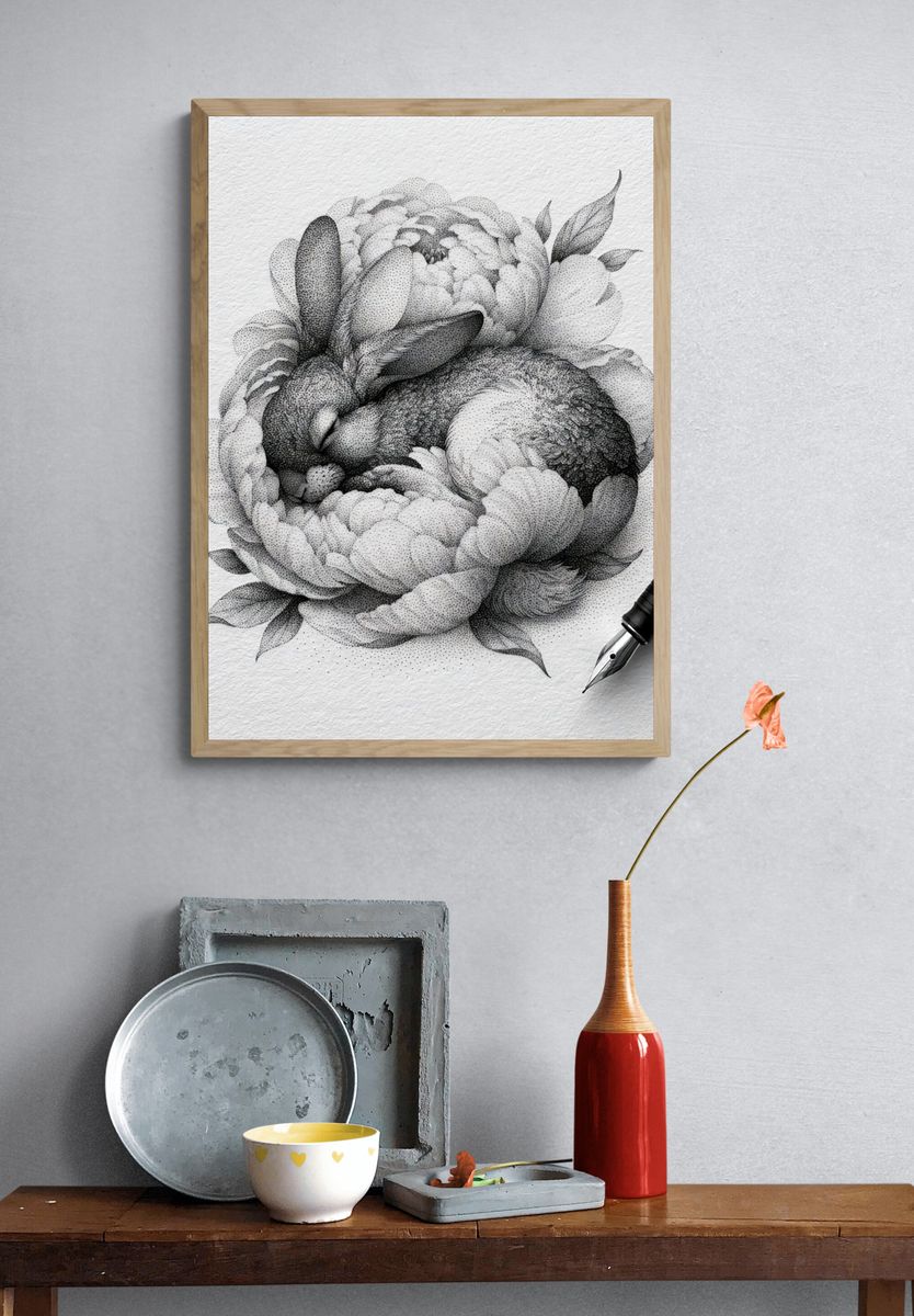 Peony Ink Drawing Poster. — room view 3