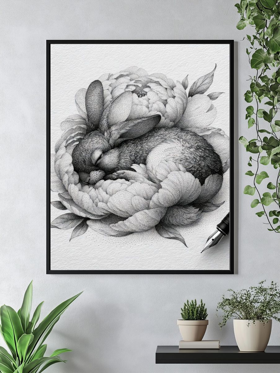 Peony Ink Drawing Poster. — room view 4