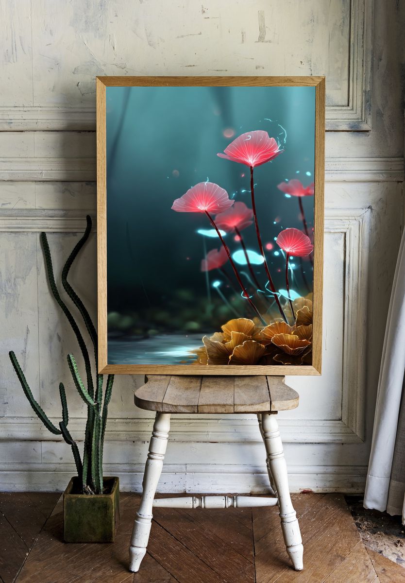 Glowing Fantasy Mushrooms Illustration Poster. — room view 1