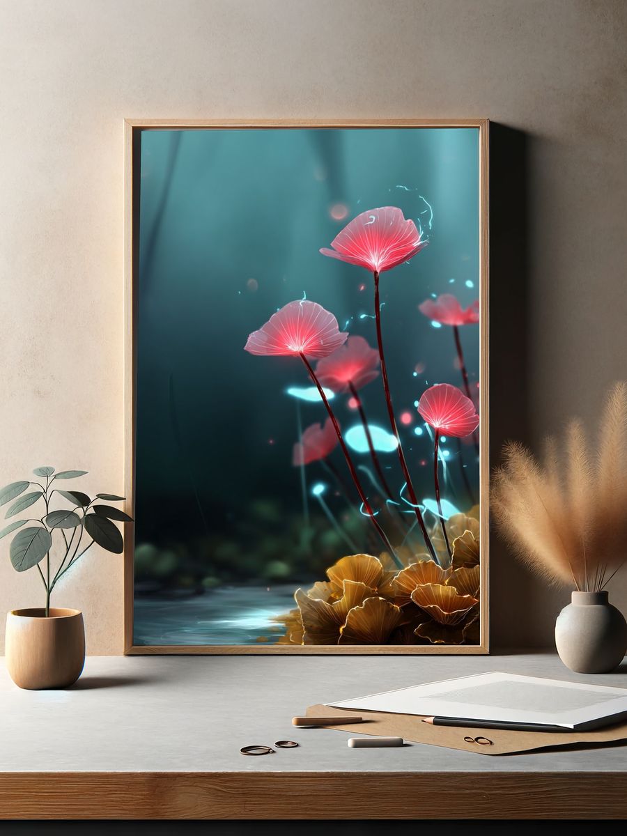 Glowing Fantasy Mushrooms Illustration Poster. — room view 2