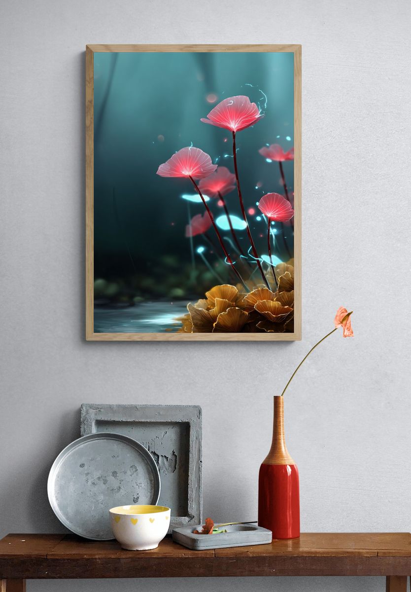 Glowing Fantasy Mushrooms Illustration Poster. — room view 3