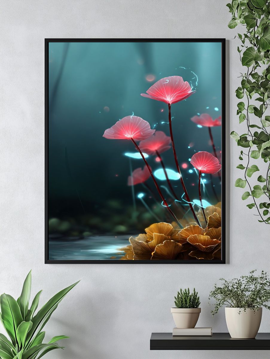 Glowing Fantasy Mushrooms Illustration Poster. — room view 4