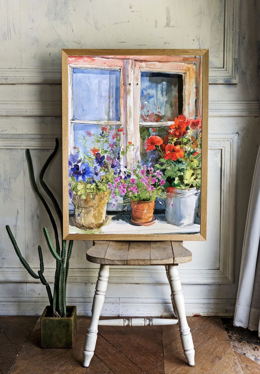 Window Flower Pots Watercolor Poster. room preview