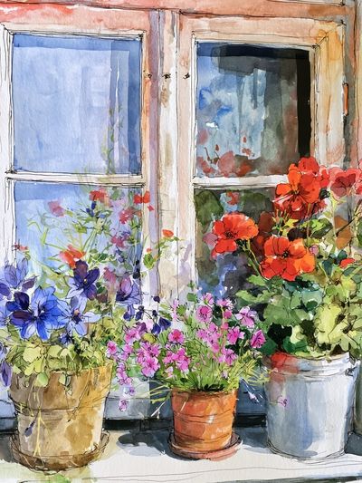 Window Flower Pots Watercolor Poster.