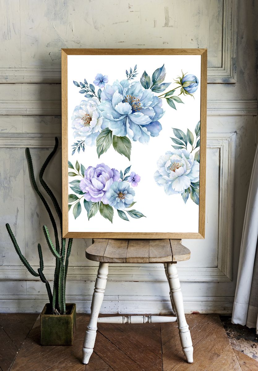 Blue Peony Bouquet Watercolor Print. room preview