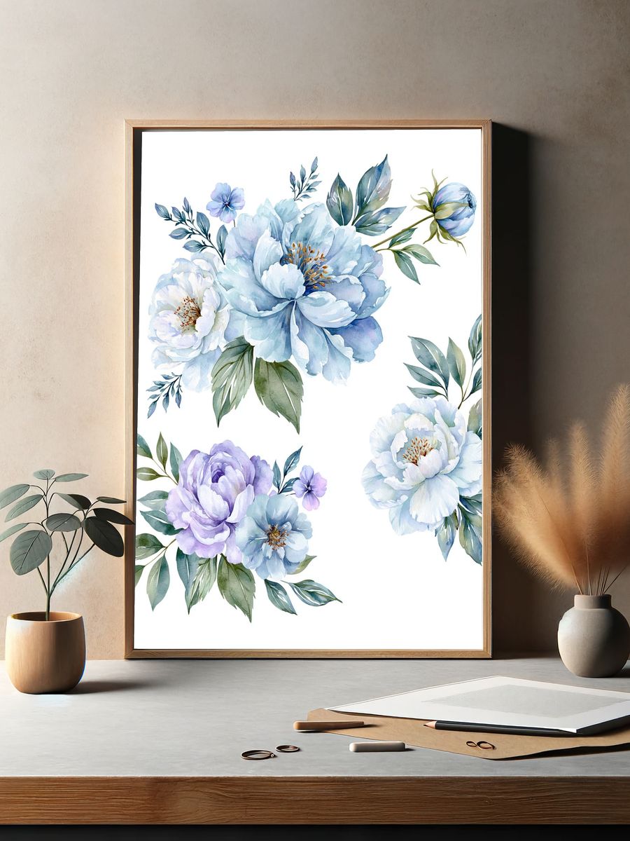 Blue Peony Bouquet Watercolor Print. — room view 2