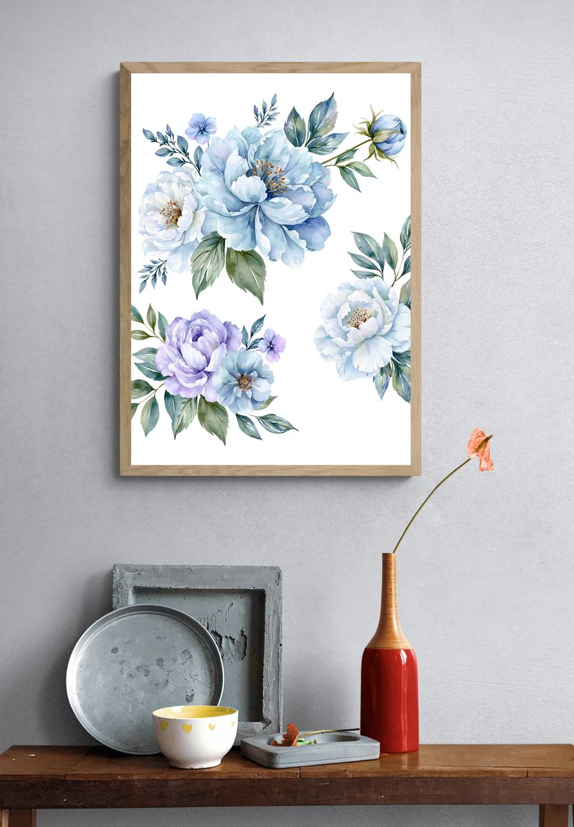 Blue Peony Bouquet Watercolor Print. — room view 3