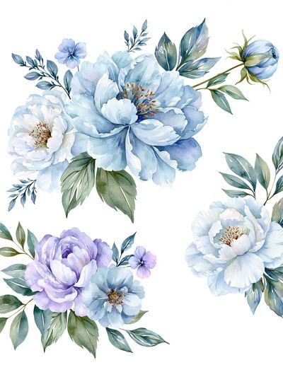Blue Peony Bouquet Watercolor Print. poster