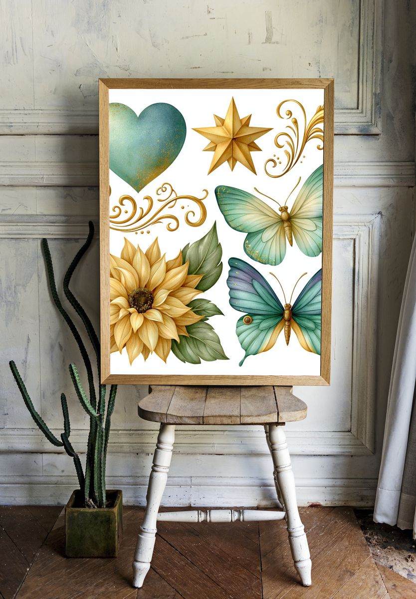 Botanical Gold Motifs Illustration Poster. room preview