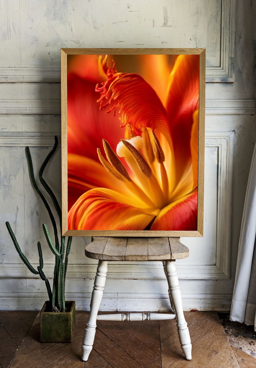 Red Tulip Macro Botanical Print. room preview