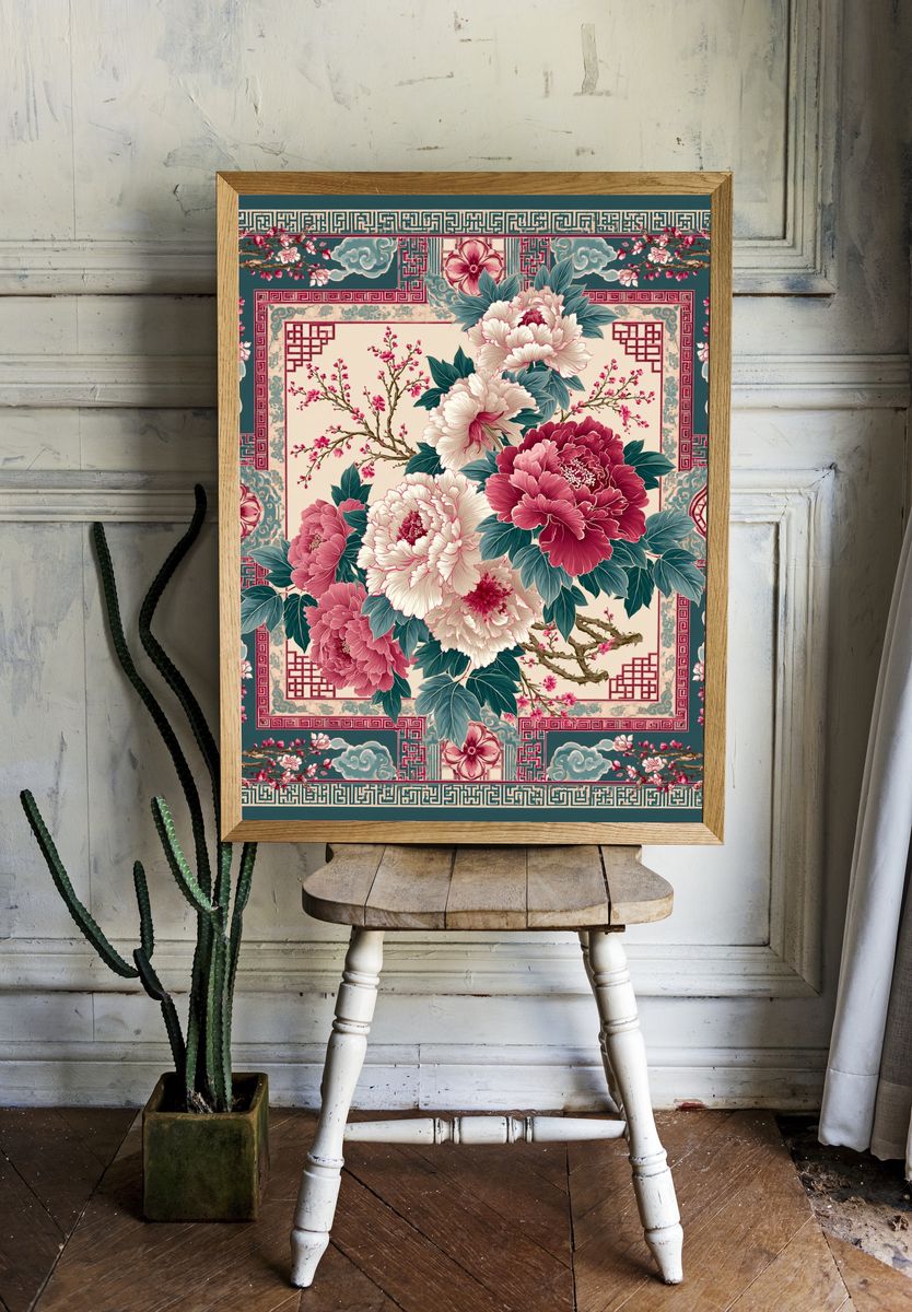 Peony Blossom Garden Print. room preview