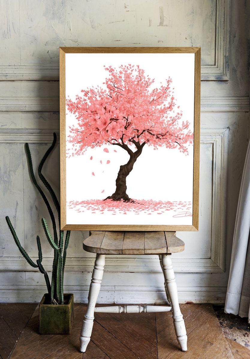 Pink Cherry Blossom Tree Print. room preview