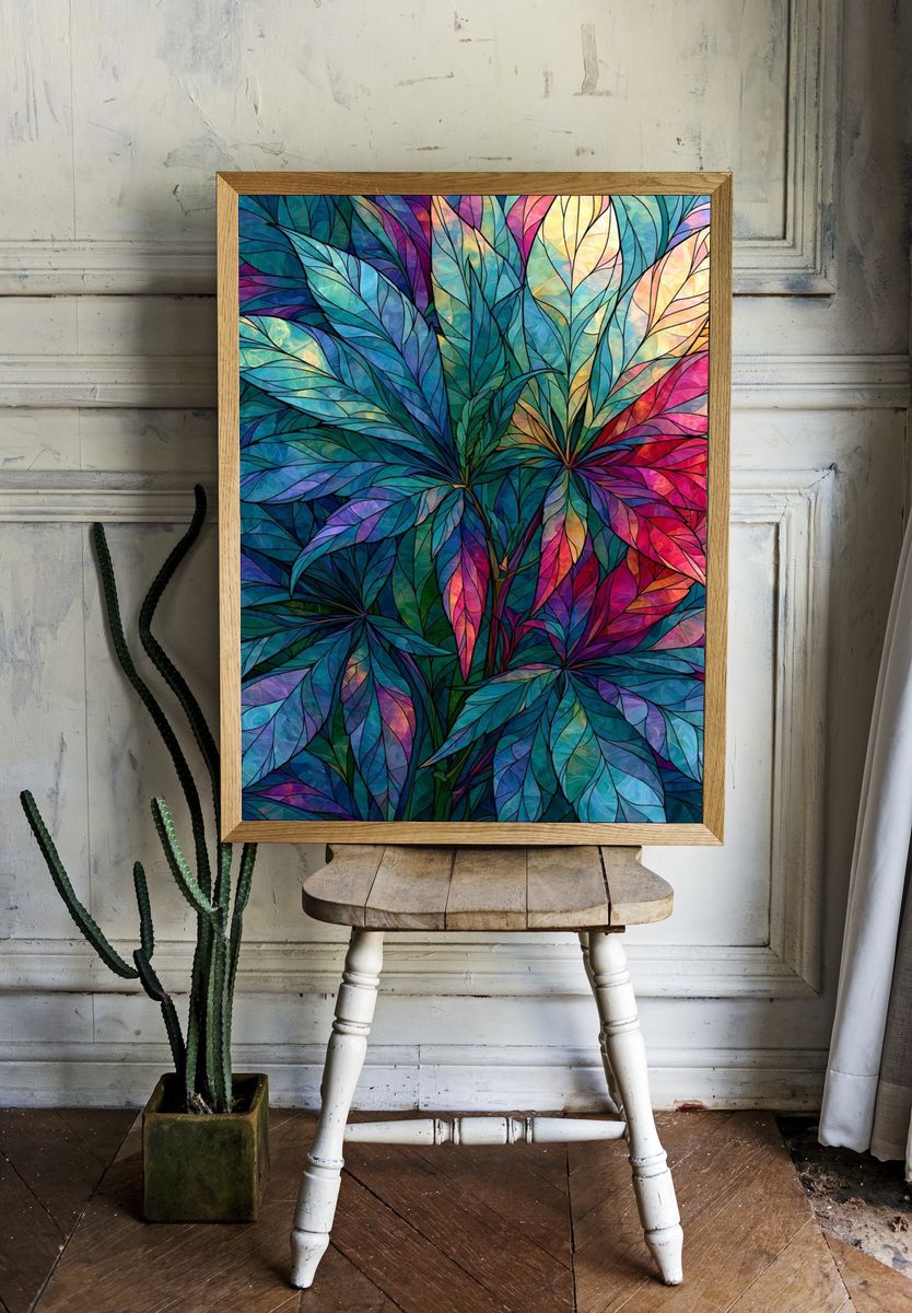 Tropical Stained Glass Leaves Poster. room preview