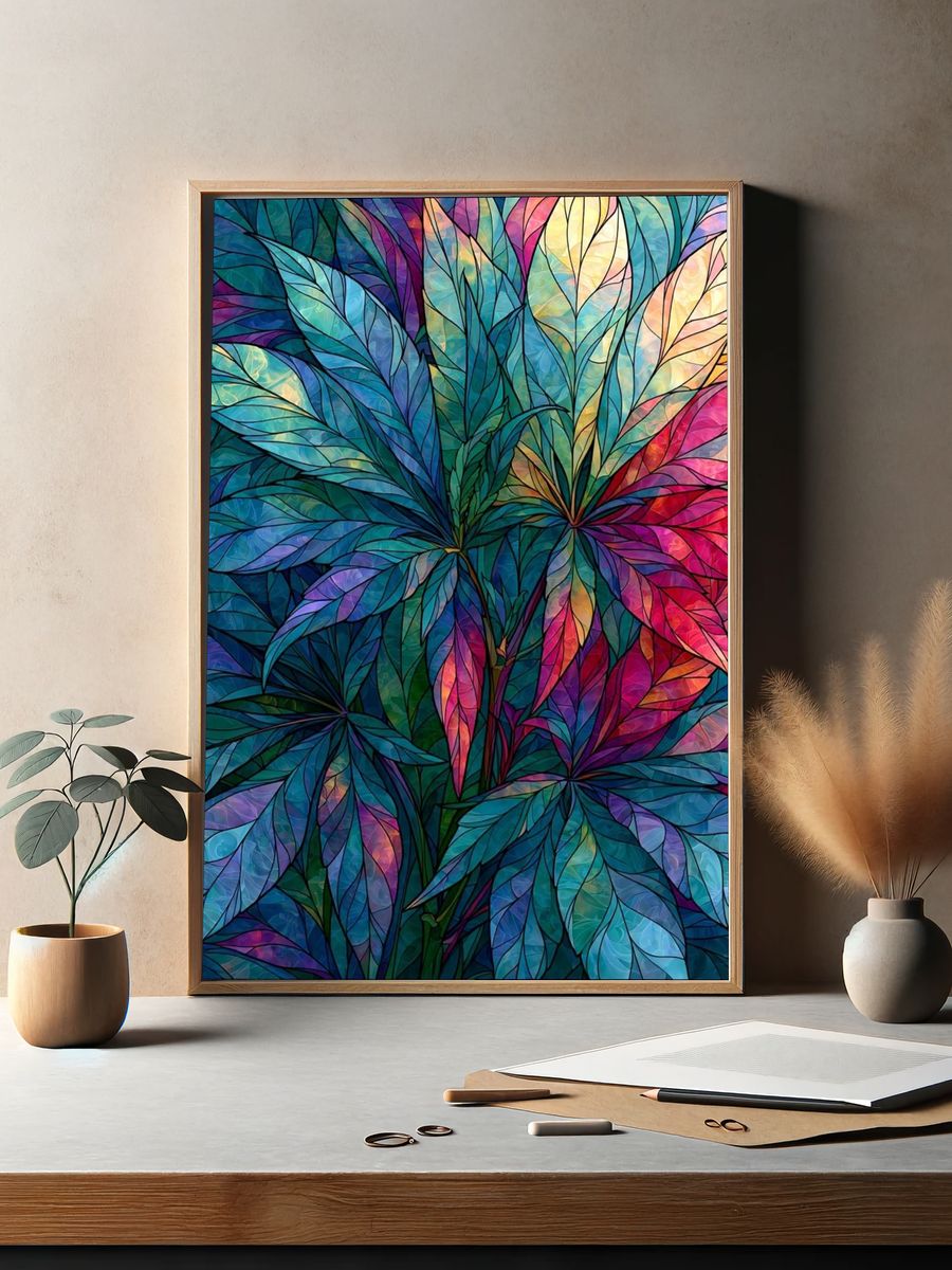 Tropical Stained Glass Leaves Poster. — room view 2