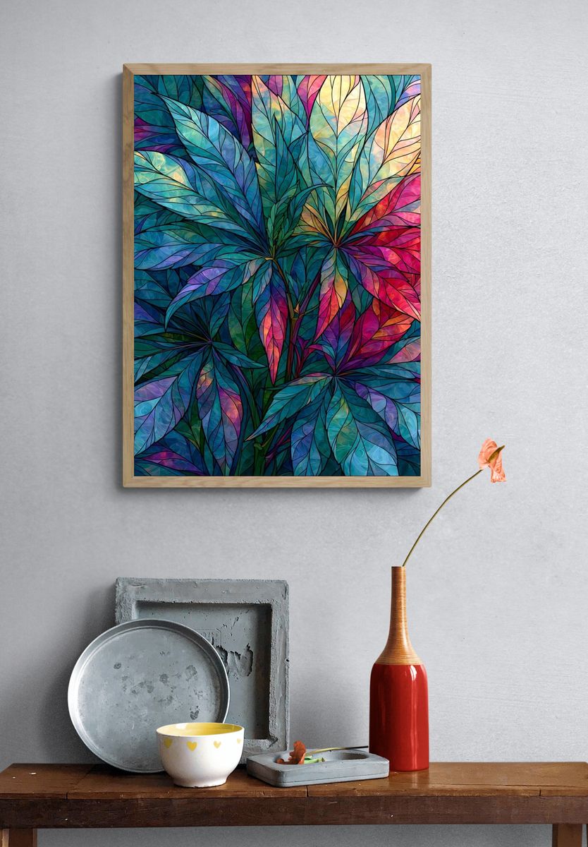 Tropical Stained Glass Leaves Poster. — room view 3