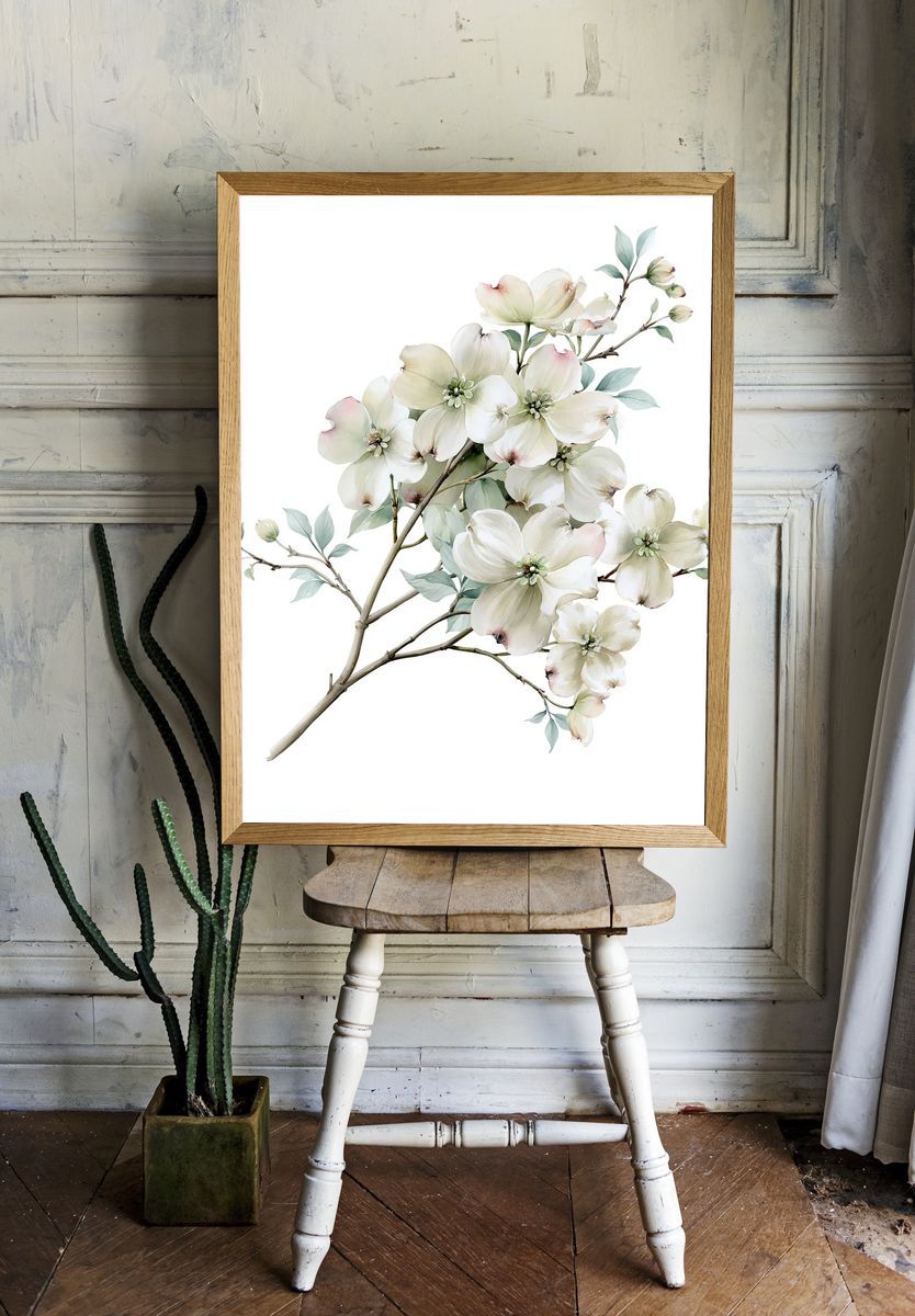 White Dogwood Blossom Watercolor Poster. room preview