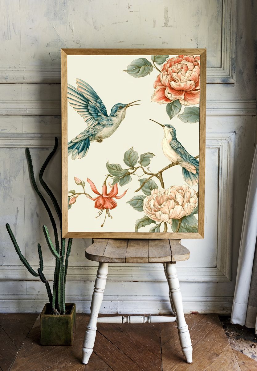 Hummingbirds and Peonies Botanical Print. — room view 1