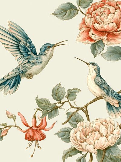 Hummingbirds and Peonies Botanical Print. poster