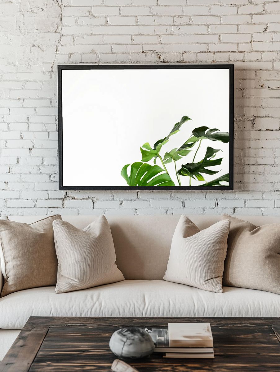 Green monstera leaves white wall. — room view 1