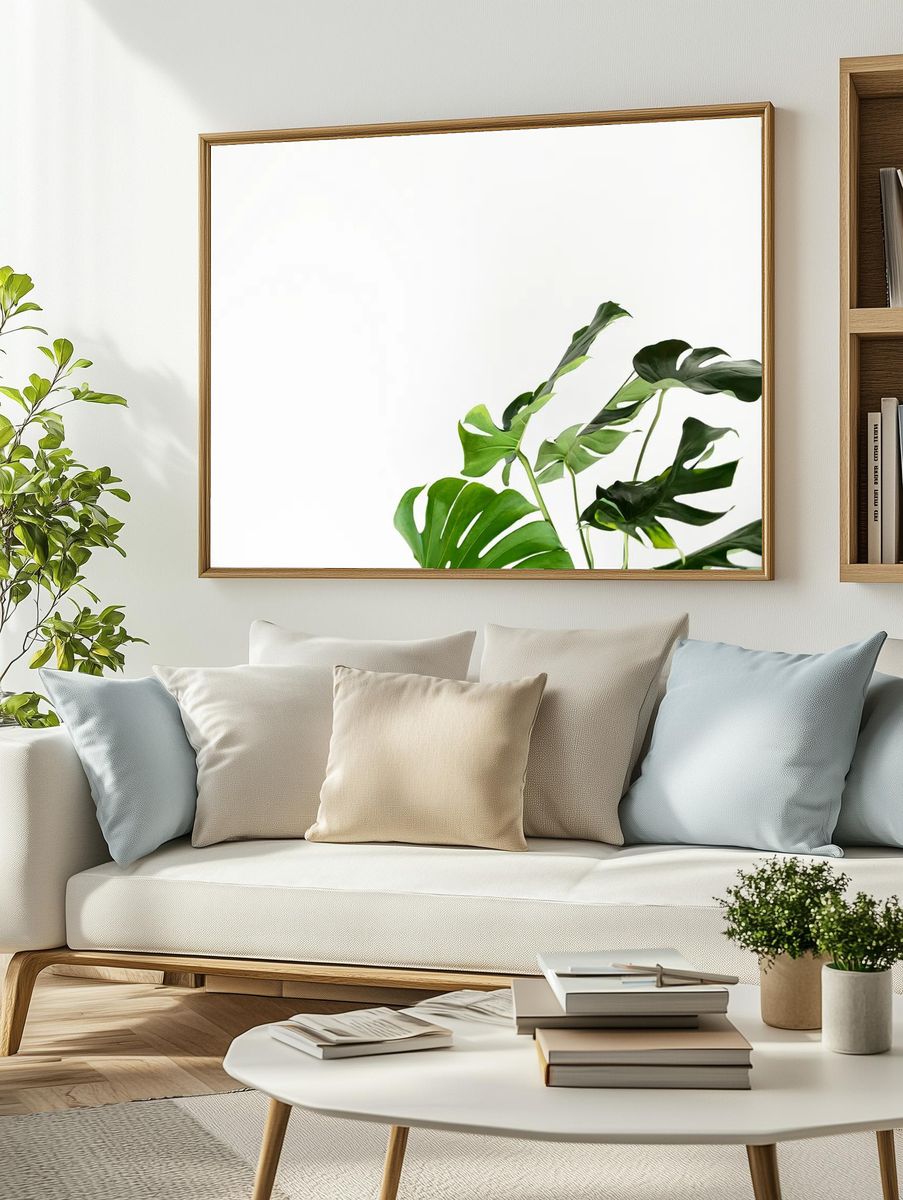 Green monstera leaves white wall. — room view 2