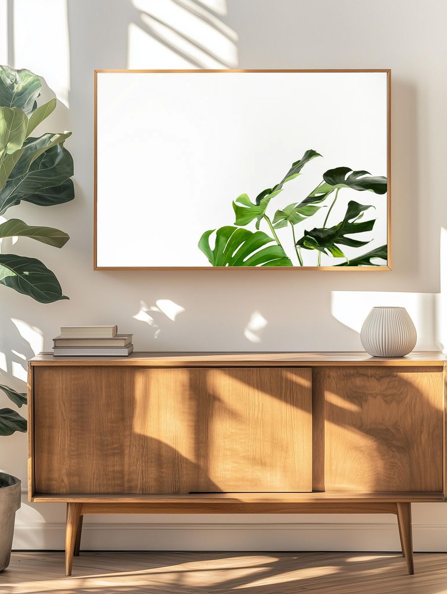 Green monstera leaves white wall. — room view 3