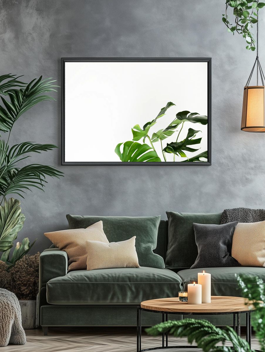 Green monstera leaves white wall. — room view 4