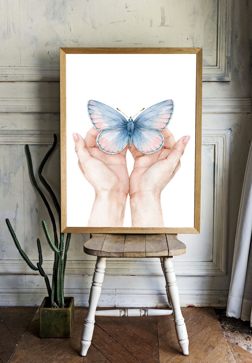 Blue Butterfly Hands Watercolor Poster. room preview