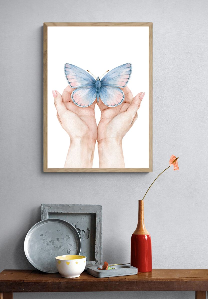 Blue Butterfly Hands Watercolor Poster. — room view 3
