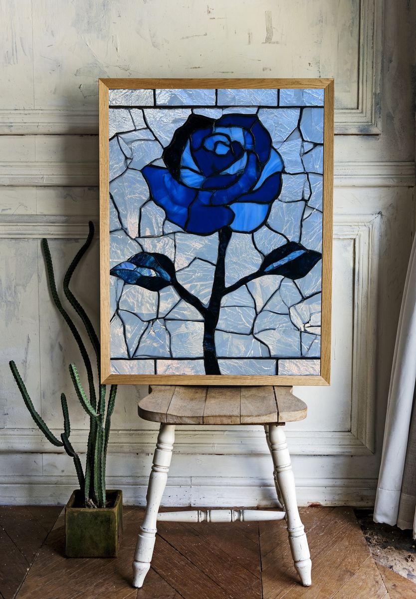 Blue Stained Glass Rose Print. room preview