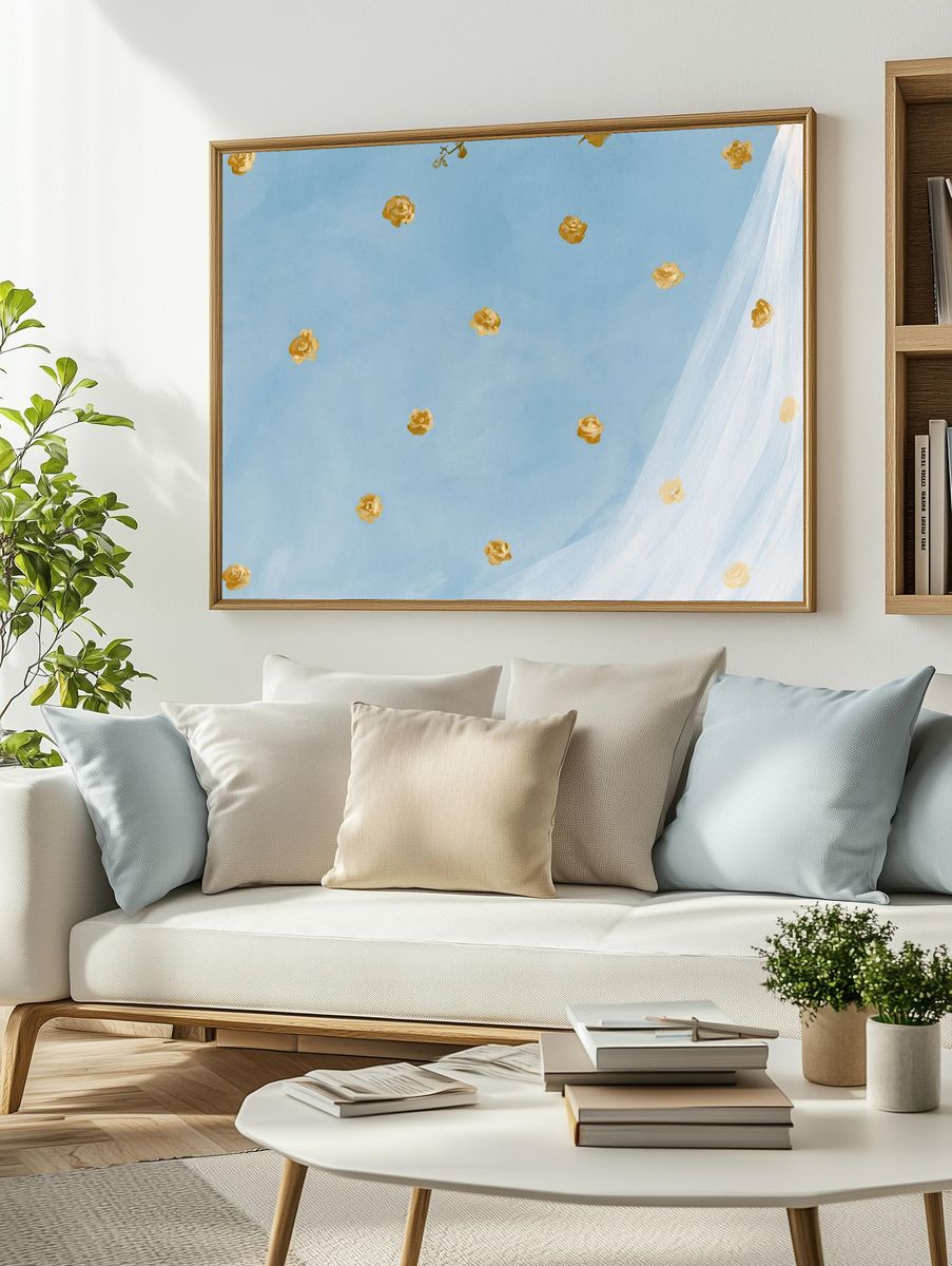 Blue Floral Drift Illustration Poster. — room view 2
