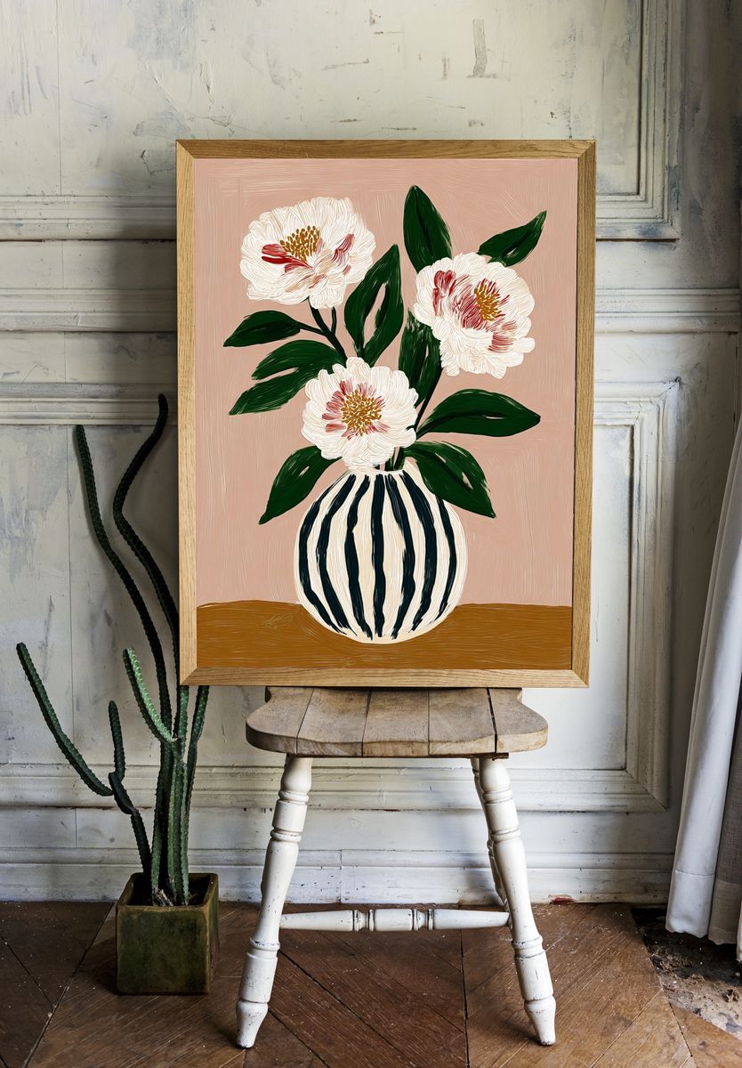 Peony Vase Botanical Print. room preview