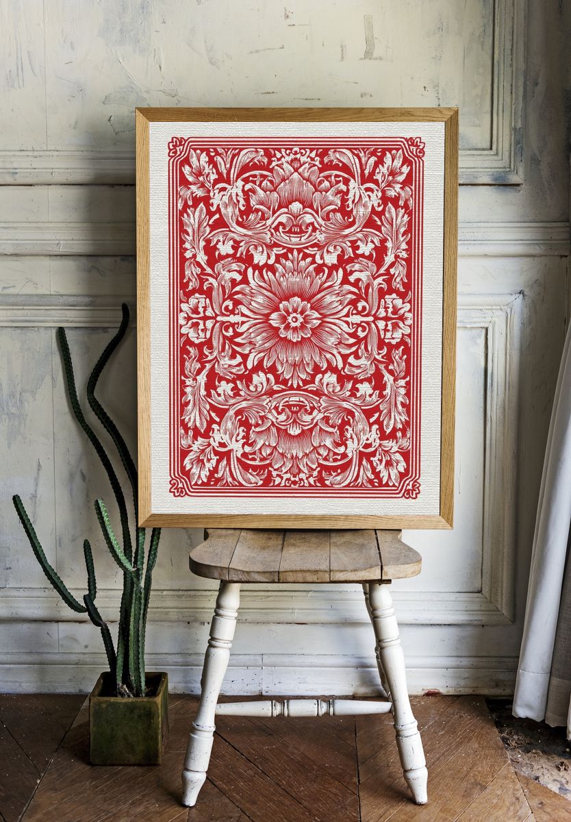 Ornate Floral Red Woodcut Poster. room preview