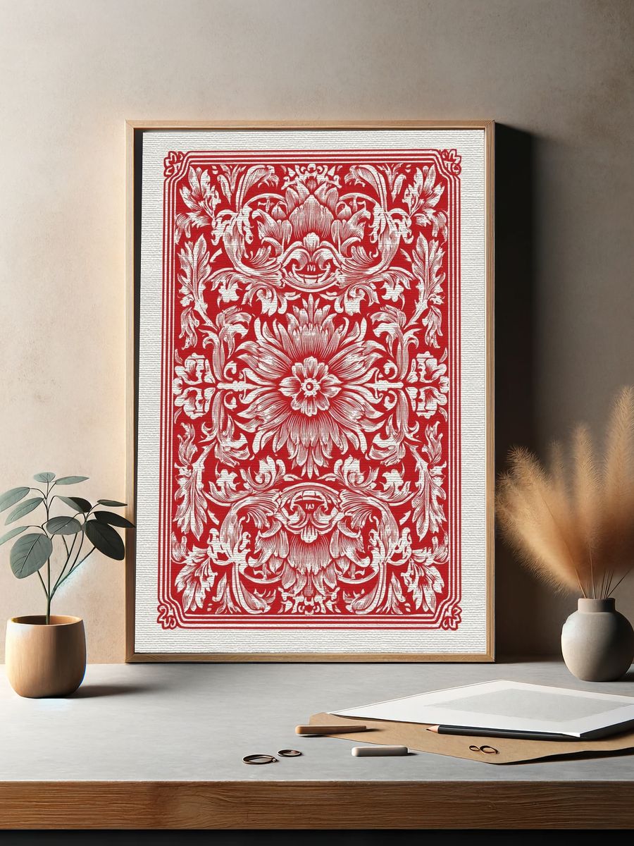 Ornate Floral Red Woodcut Poster. — room view 2