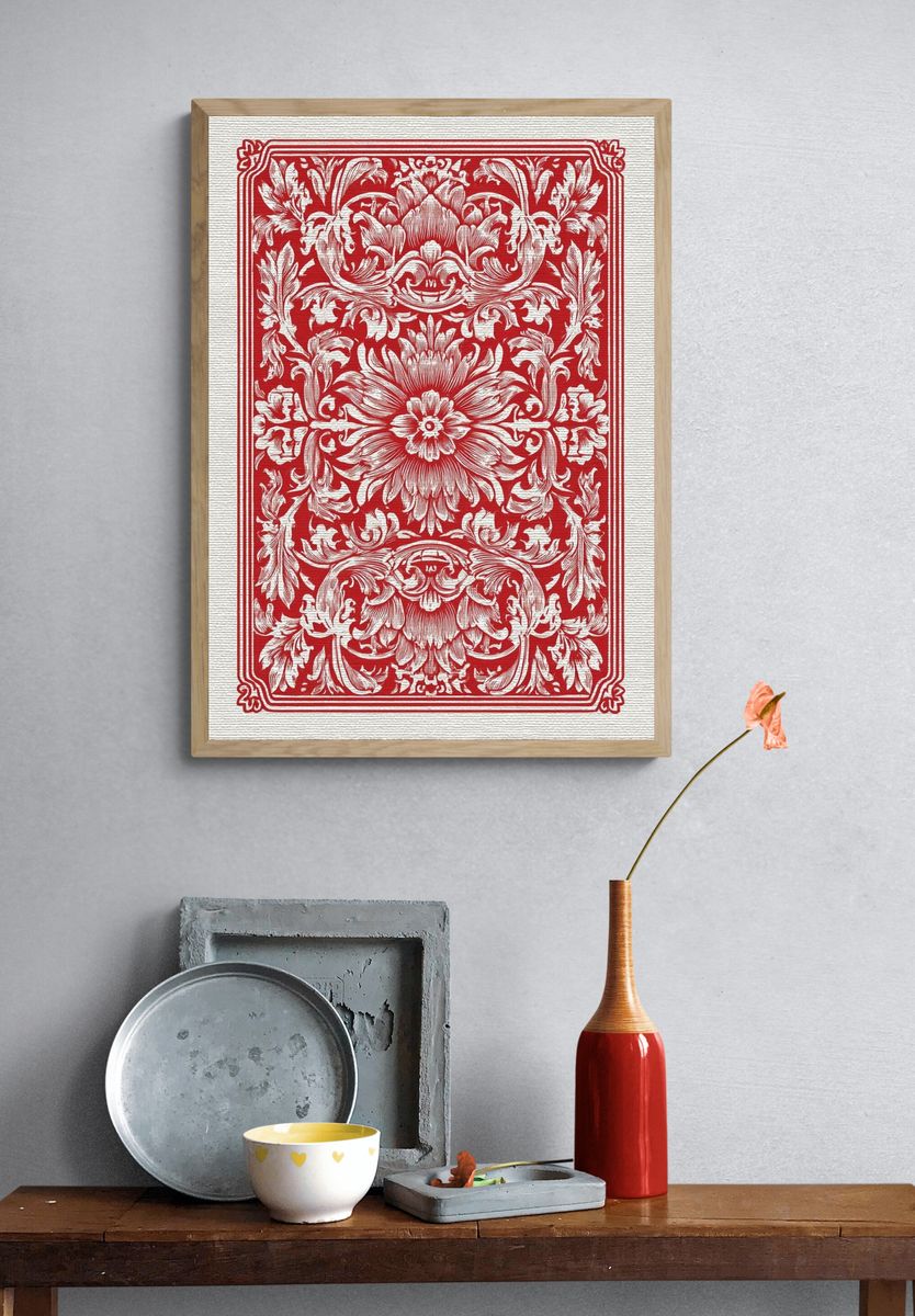 Ornate Floral Red Woodcut Poster. — room view 3