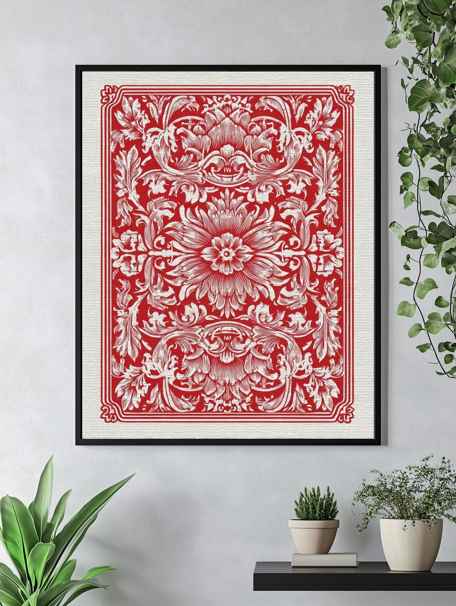 Ornate Floral Red Woodcut Poster. — room view 4