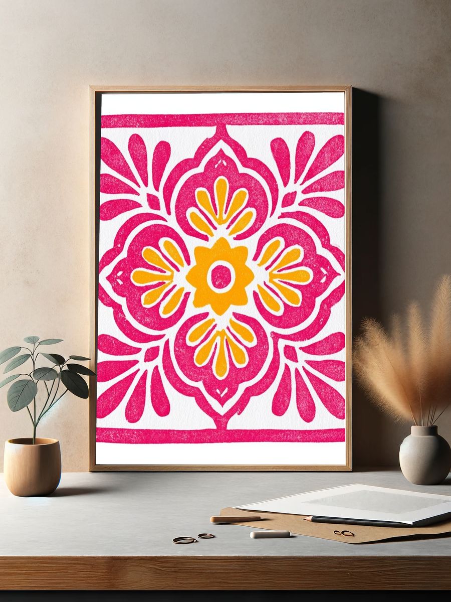 Pink Floral Tile Print. — room view 2